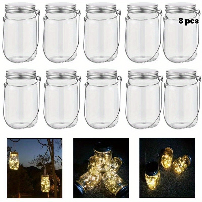 Outdoor Lighting Kits - ชุดขวดโหลพลาสติก 8 ชิ้น พร้อมตะขอสำหรับทำไฟประดับตกแต่งดอกไม้และของตกแต่งบ้าน งานเลี้ยงอาหารค่ำ จัดโต๊ะ