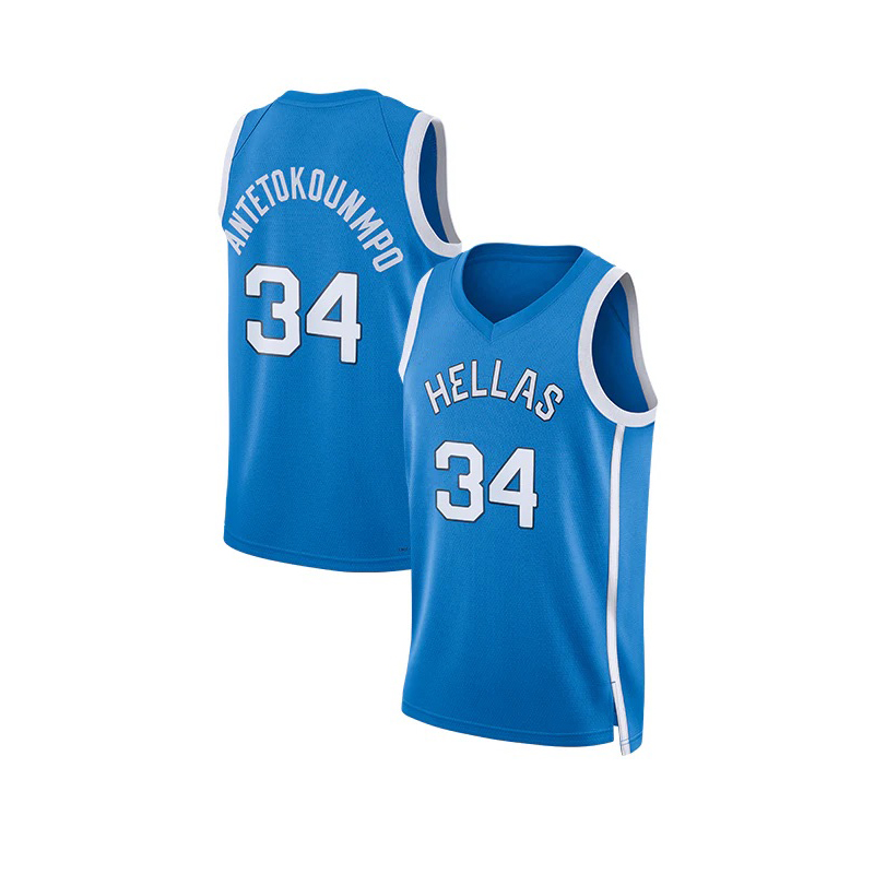 Outdoor Lighting Jersey - เสื้อบาสเก็ตบอล 2024 HELLAS 34 เสื้ออันเทโทคูมโปเย็บปักถักร้อยราคาถูกคุณภาพสูงชุดกีฬากลางแจ้งสีฟ้าอ่อน