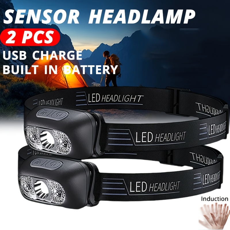 Outdoor Lighting With Sensor - ไฟฉายคาดศีรษะแบบพกพา LED เซนเซอร์ ไฟฉายคาดศีรษะแบบชาร์จไฟได้ USB-C ไฟฉายคาดศีรษะสำหรับตั้งแคมป์กลางแจ้ง