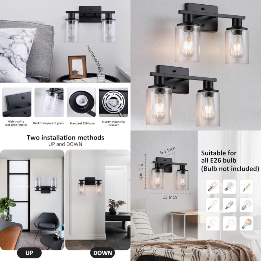 Solar Wall Sconce - โคมไฟห้องน้ำแบบด้านติดตั้งเหนือกระจก, โคมไฟห้องน้ำแบบติดตั้งเหนืออ่างล้างหน้าพร้อมโป๊ะแก้วใส, โคมไฟติดผนังสไตล์โมเดิร์นฟาร์มเฮาส์