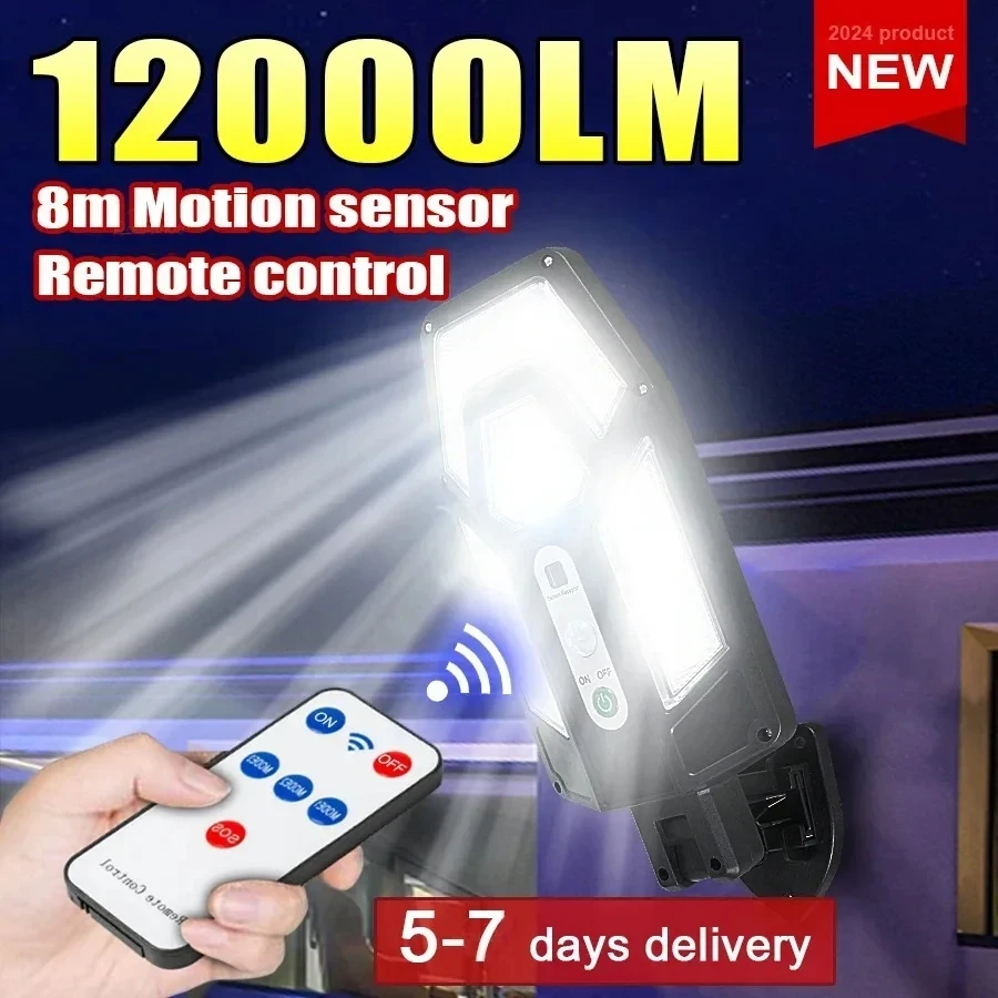 Outdoor Lighting With Sensor - โคมไฟติดผนังพลังงานแสงอาทิตย์ทรงพลัง 12000 ลูเมน พร้อมรีโมท ไฟส่องสว่างกลางแจ้งกันน้ำระดับ IP65
