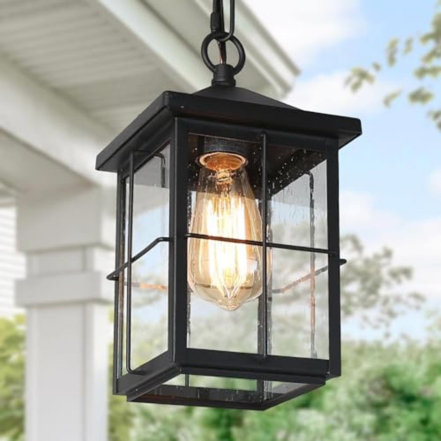 Outdoor Lighting Fixtures - โคมไฟแขวนกลางแจ้ง, โคมไฟเพดานสไตล์ฟาร์มเฮาส์สีดำกันสนิมพร้อมกระจกฝ้า, โคมไฟแขวนทรงสี่เหลี่ยมสำหรับภายนอก