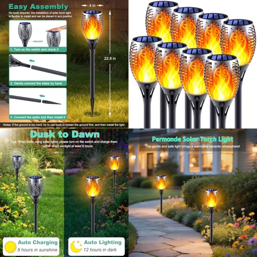 Fire Torch Solar - ไฟฉายพลังงานแสงอาทิตย์พร้อมเปลวไฟกระพริบ, ไฟตกแต่งสวนแบบเอฟเฟกต์เปลวไฟ, เปิด/ปิดอัตโนมัติเมื่อเข้า/ออก, ตกแต่งภูมิทัศน์กลางแจ้งแบบกันน้ำ
