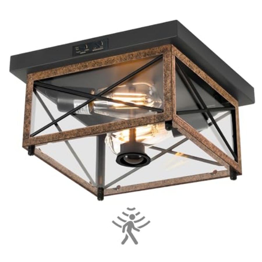 Outdoor Lighting With Sensor - โคมไฟเพดานภายนอกพร้อมเซ็นเซอร์ตรวจจับความเคลื่อนไหว, โคมไฟเพดานระเบียงแบบติดตั้งแนบชิด, โคมไฟเพดานโลหะสไตล์ฟาร์มเฮาส์ 2 ดวง ใกล้เพดาน