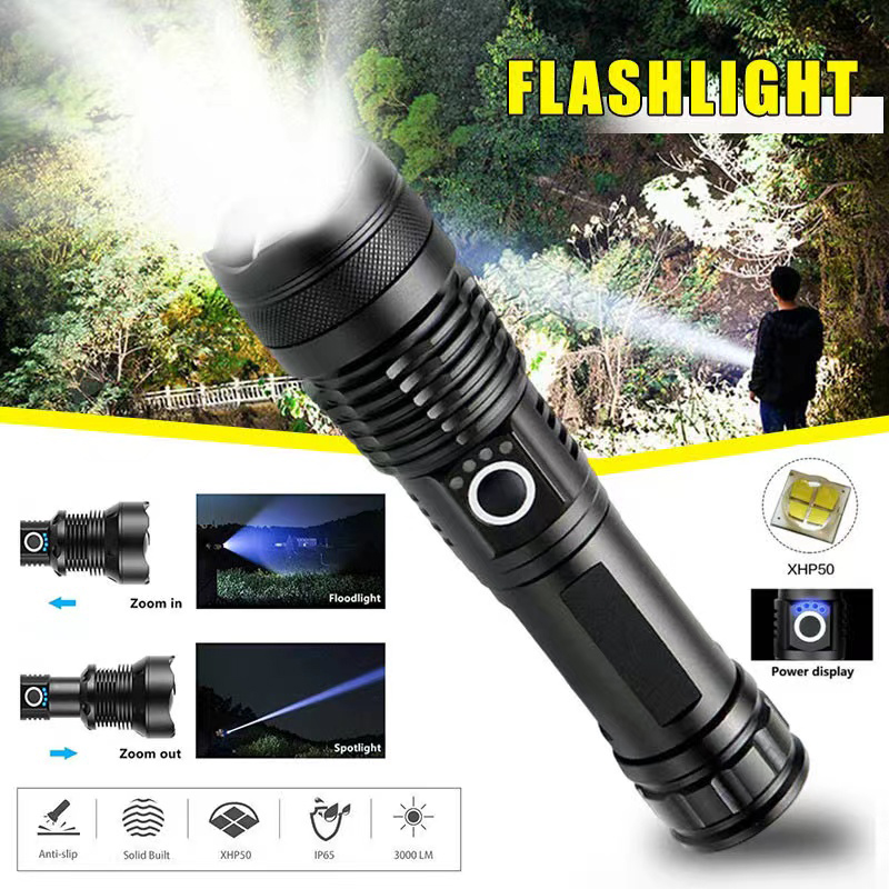 Outdoor Lighting Fixtures - ไฟฉาย LED กำลังสูง XHP70 USB-C ไฟฉายแบบชาร์จไฟได้ซูมได้โคมไฟมือกันน้ำสำหรับการตั้งแคมป์กลางแจ้งใช้ในกรณีฉุกเฉิน